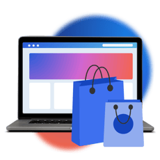Laptop zeigt Onlineshop und Einkaufstüten