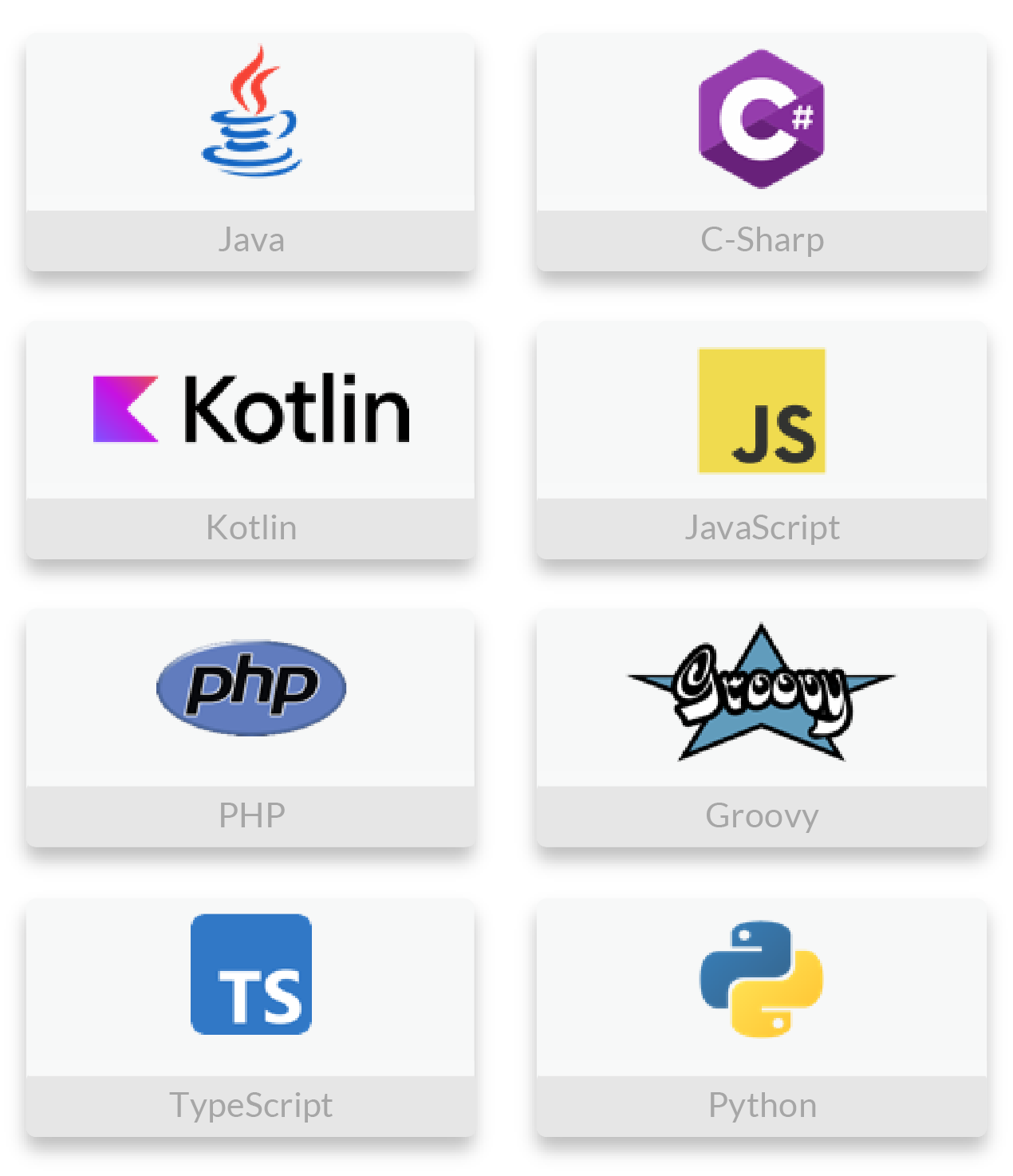 Programming languages: Java, C-Sharp, Kotlin, JavaScript, PHP, Groovy, TypeScript, Python